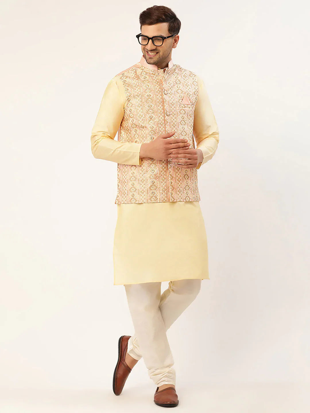 Jompers Men's Solid Kurta Pyjama With Pink Embroidered Nehru Jacket