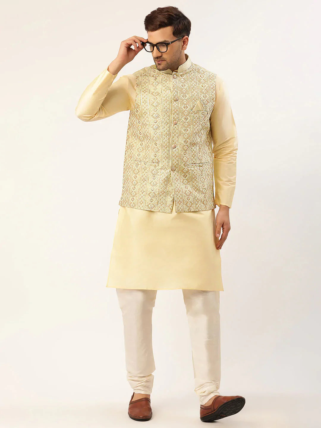 Jompers Men's Solid Kurta Pyjama With Pista Green Embroidered Nehru Jacket