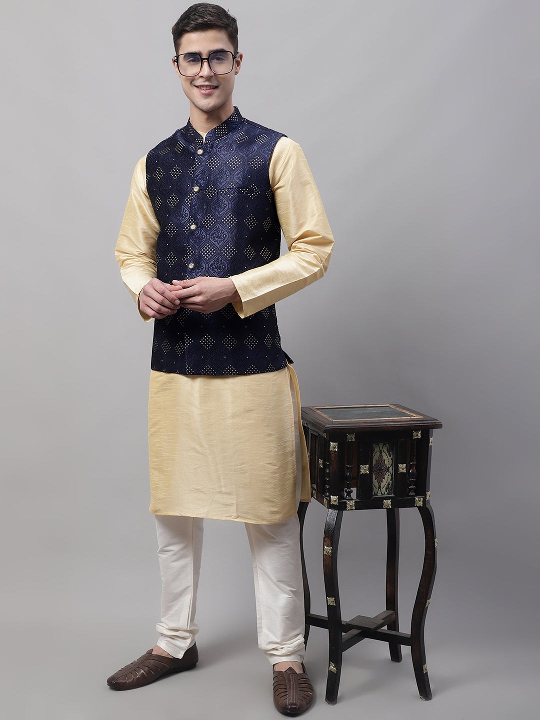 Jompers Men's Golden Solid Kurta Pyjama with Navy Blue Woven Design Nehru Jacket