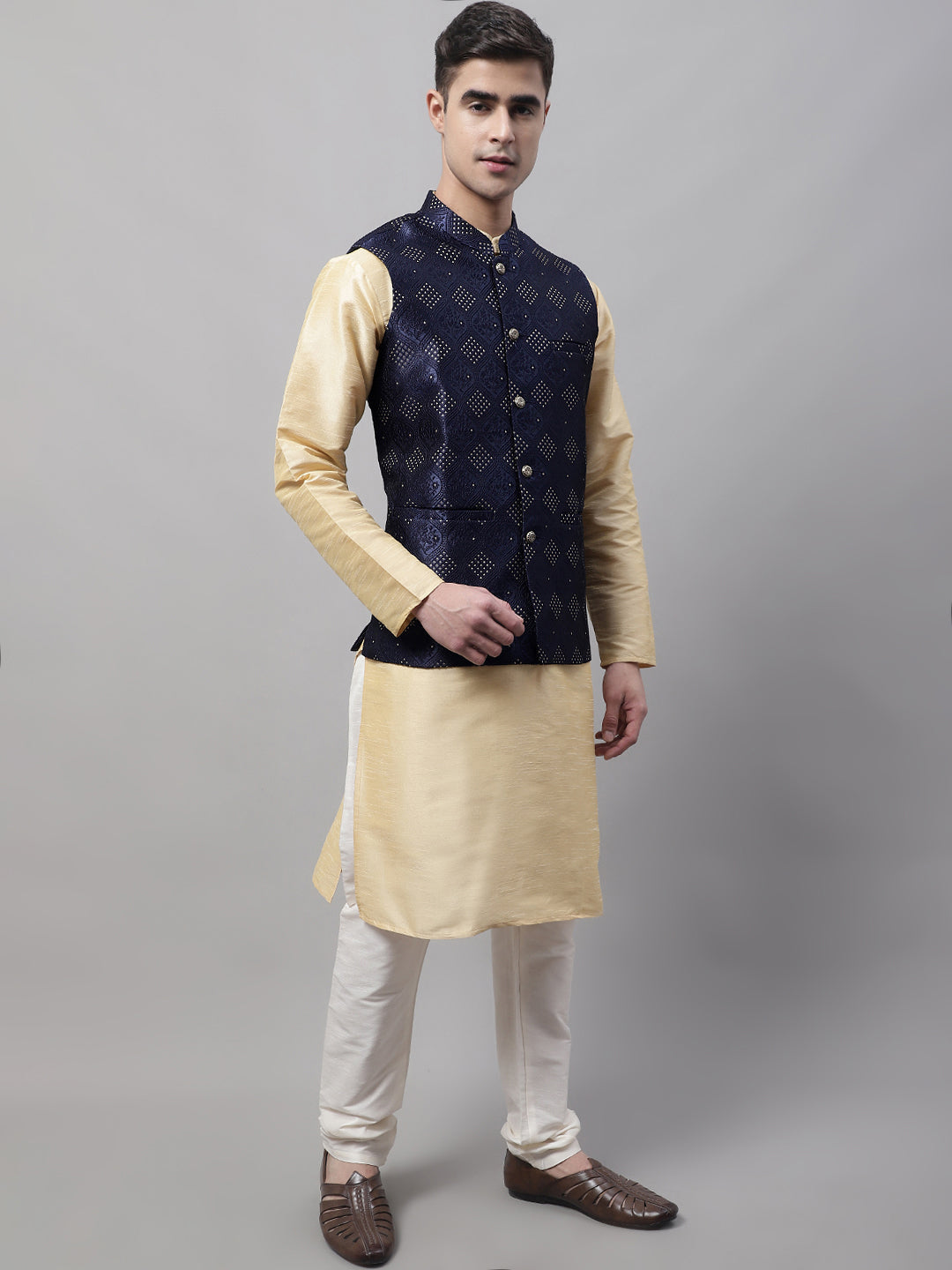 Jompers Men's Golden Solid Kurta Pyjama with Navy Blue Woven Design Nehru Jacket