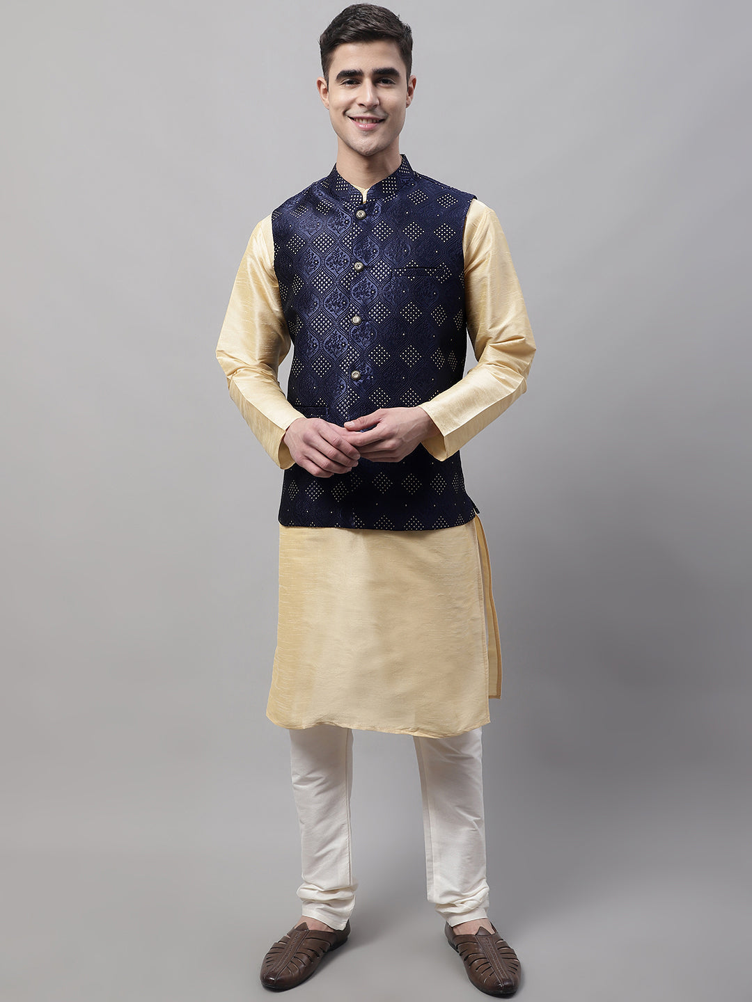 Jompers Men's Golden Solid Kurta Pyjama with Navy Blue Woven Design Nehru Jacket