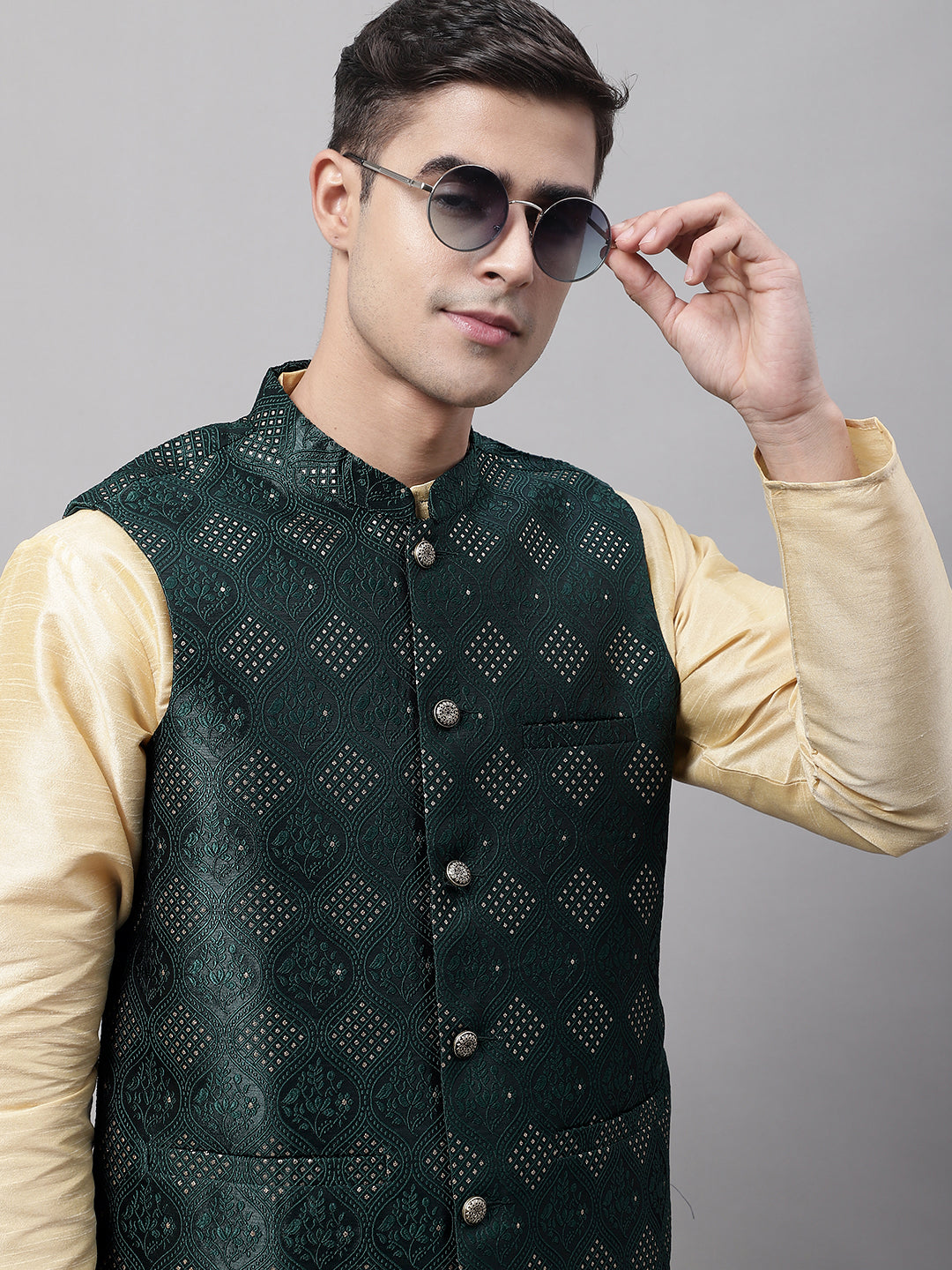 Jompers Men's Golden Solid Kurta Pyjama with Olive Woven Design Nehru Jacket