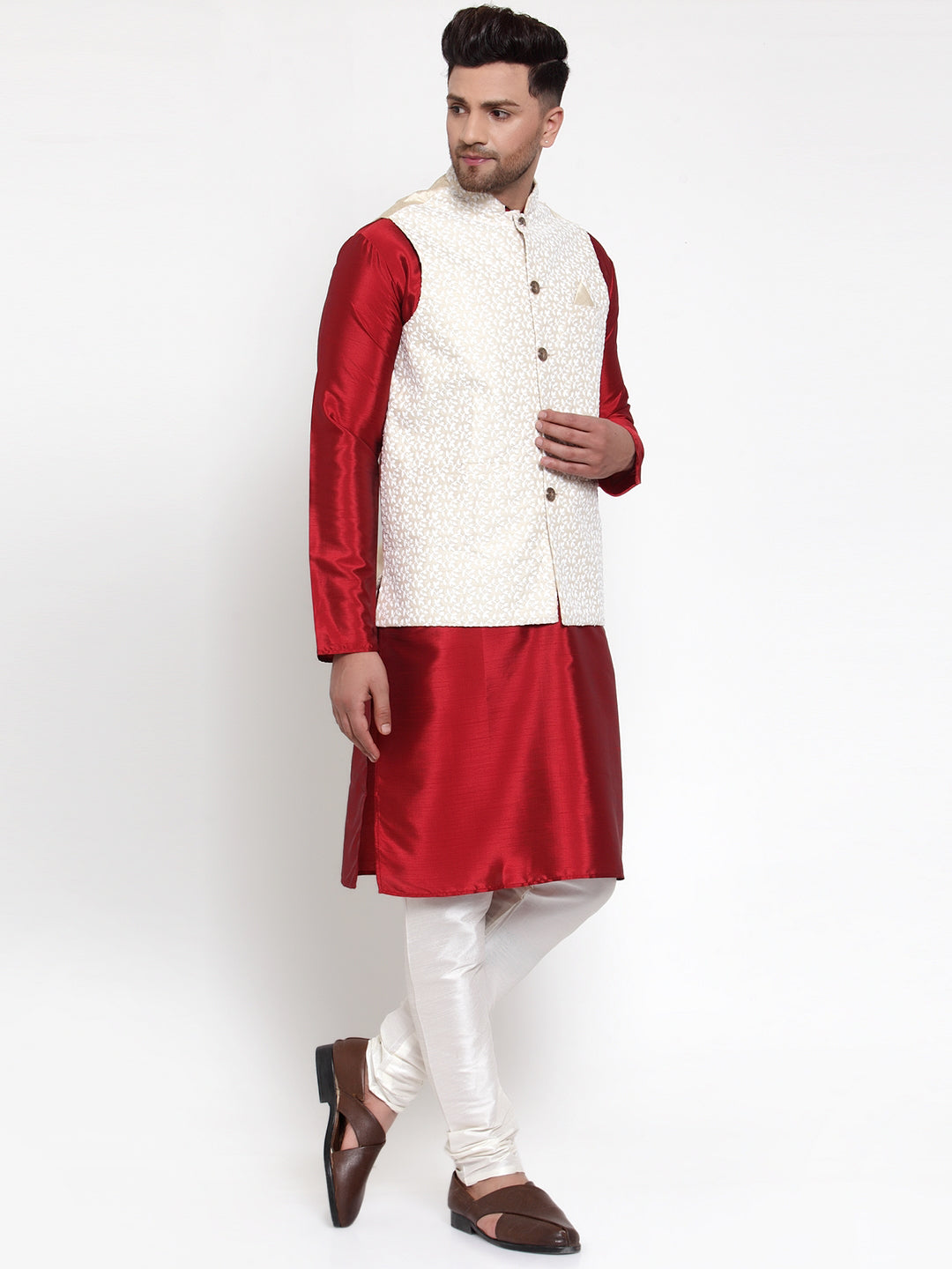 Jompers Men's Solid Dupion Kurta Pajama with Embroidered Nehru Jacket