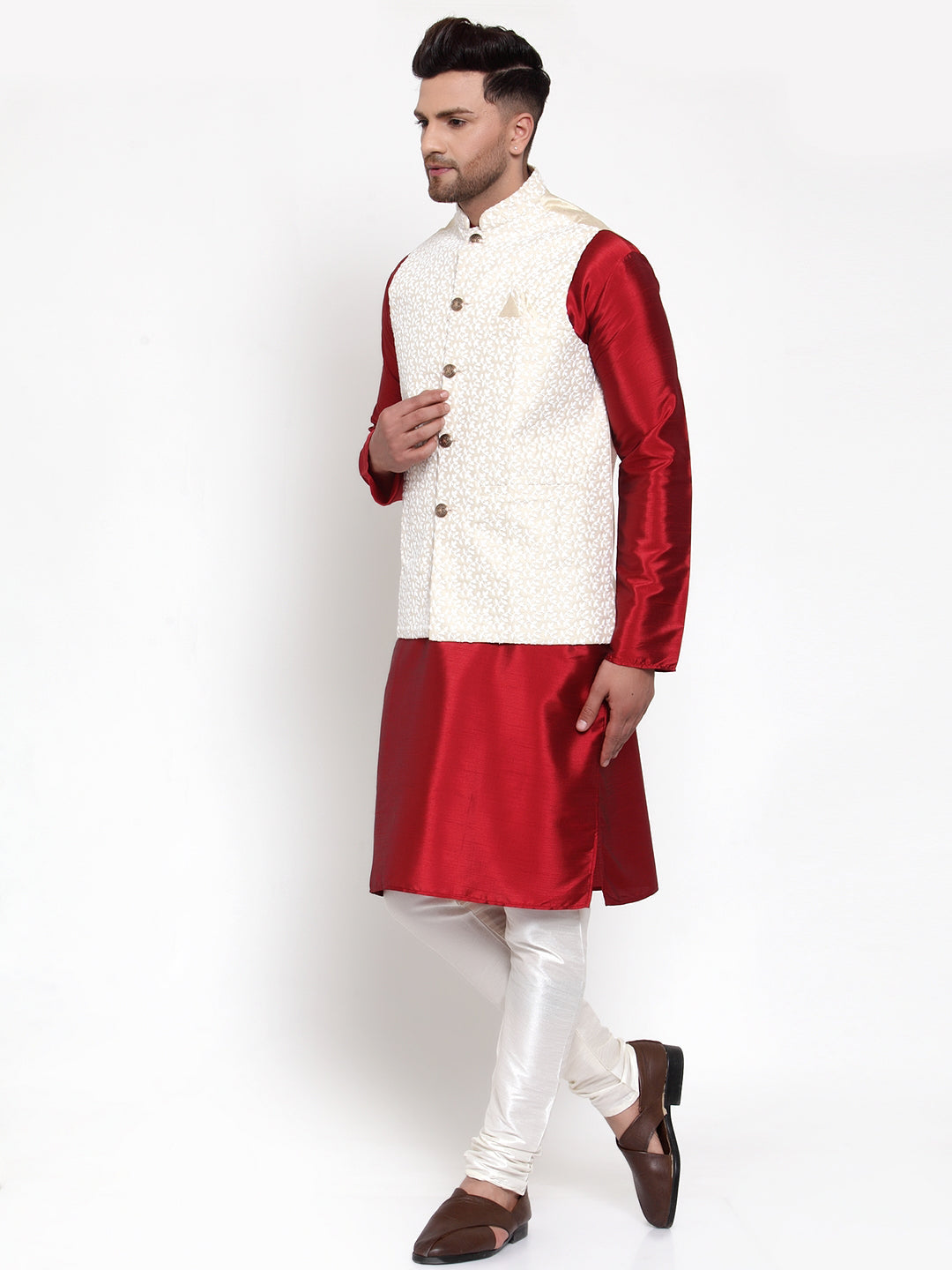 Jompers Men's Solid Dupion Kurta Pajama with Embroidered Nehru Jacket