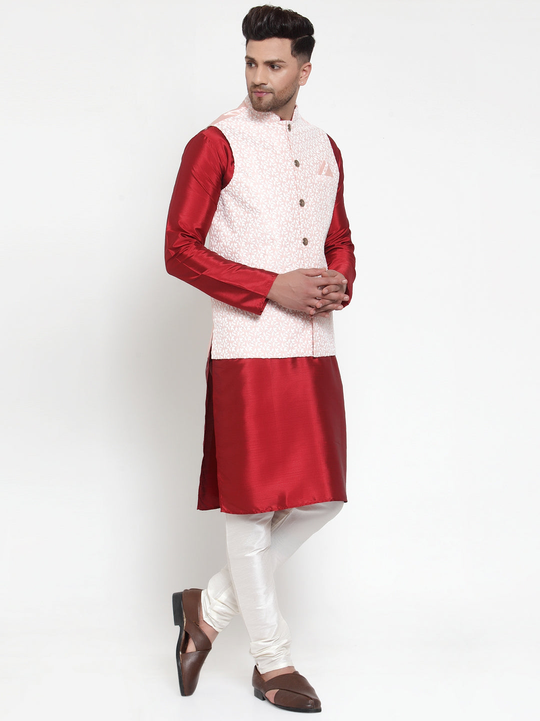 Jompers Men's Solid Dupion Kurta Pajama with Embroidered Nehru Jacket (Pink)