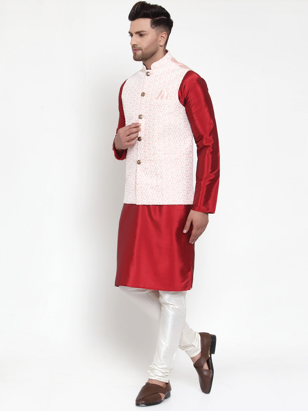 Jompers Men's Solid Dupion Kurta Pajama with Embroidered Nehru Jacket (Pink)
