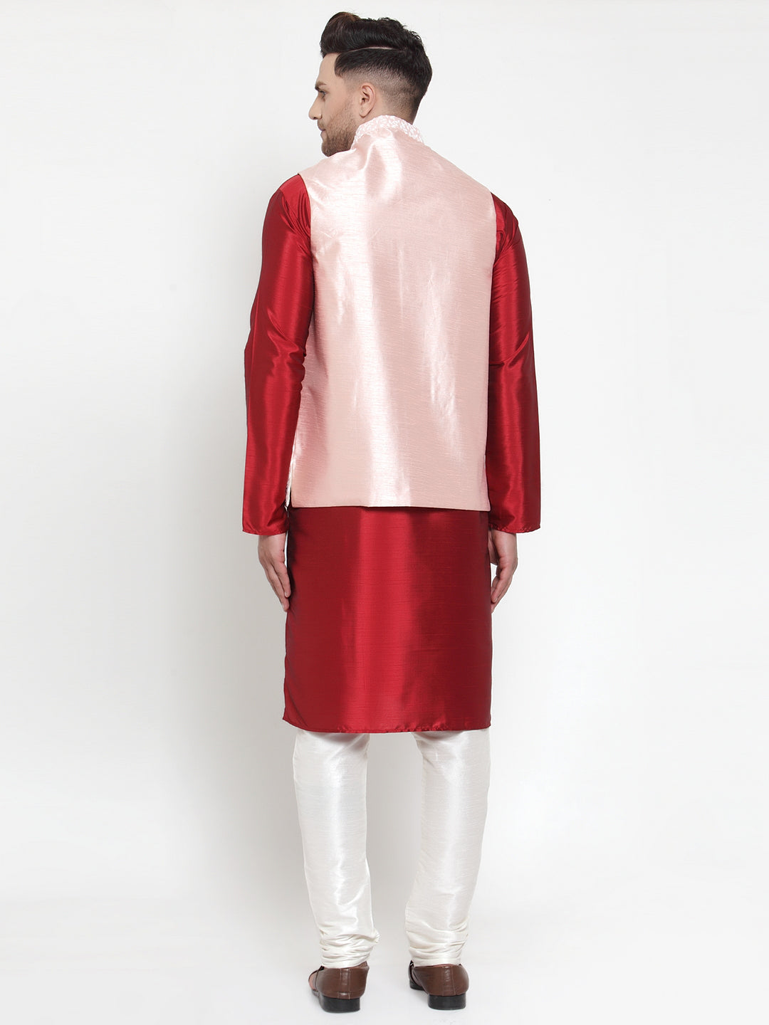 Jompers Men's Solid Dupion Kurta Pajama with Embroidered Nehru Jacket (Pink)