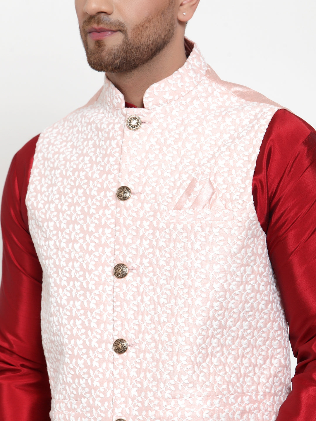 Jompers Men's Solid Dupion Kurta Pajama with Embroidered Nehru Jacket (Pink)