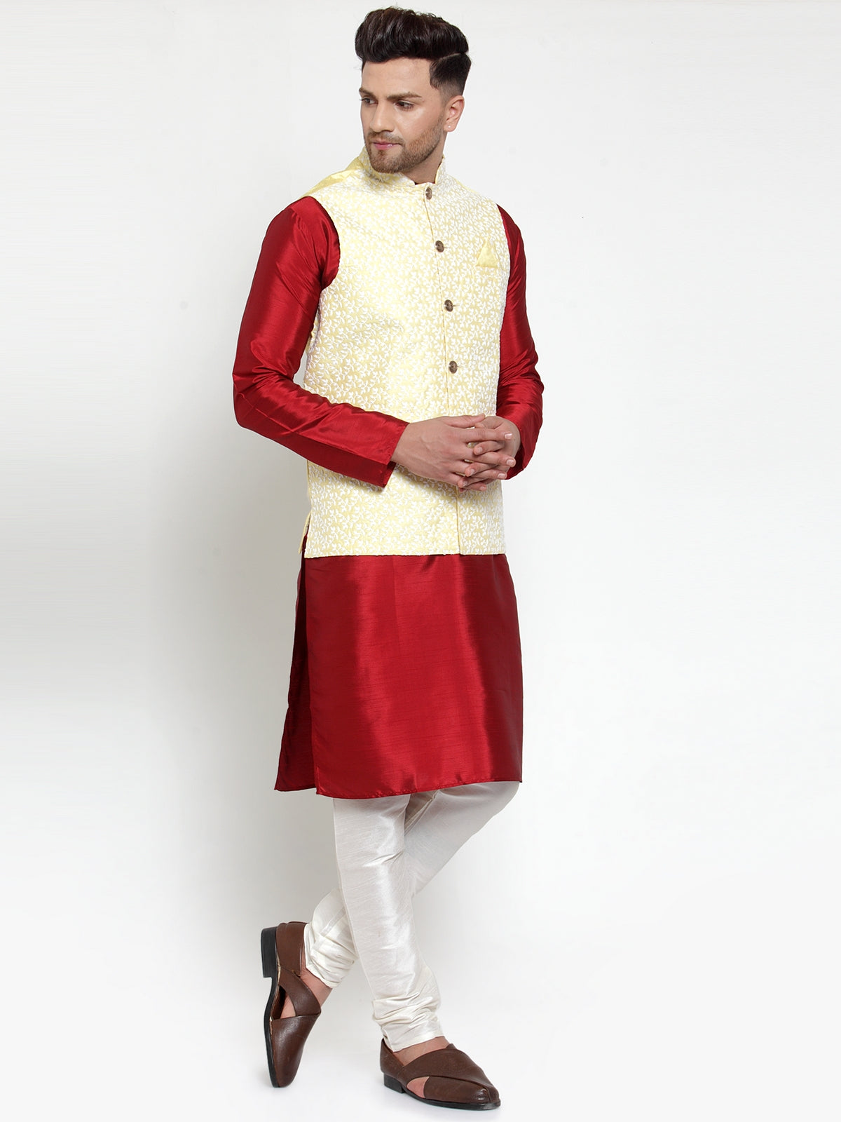 Jompers Men's Solid Dupion Kurta Pajama with Embroidered Nehru Jacket (Yellow & Maroon)