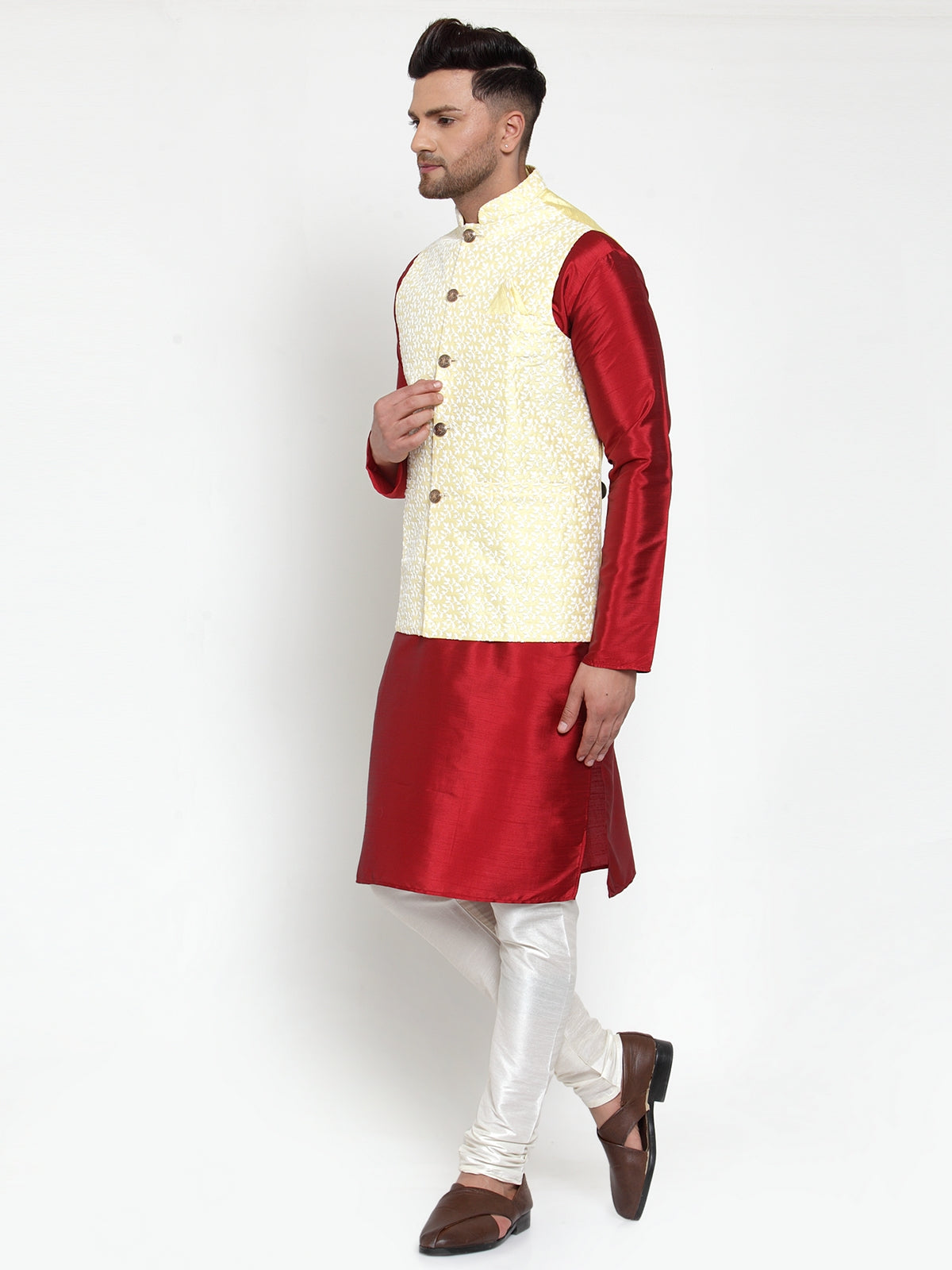 Jompers Men's Solid Dupion Kurta Pajama with Embroidered Nehru Jacket (Yellow & Maroon)