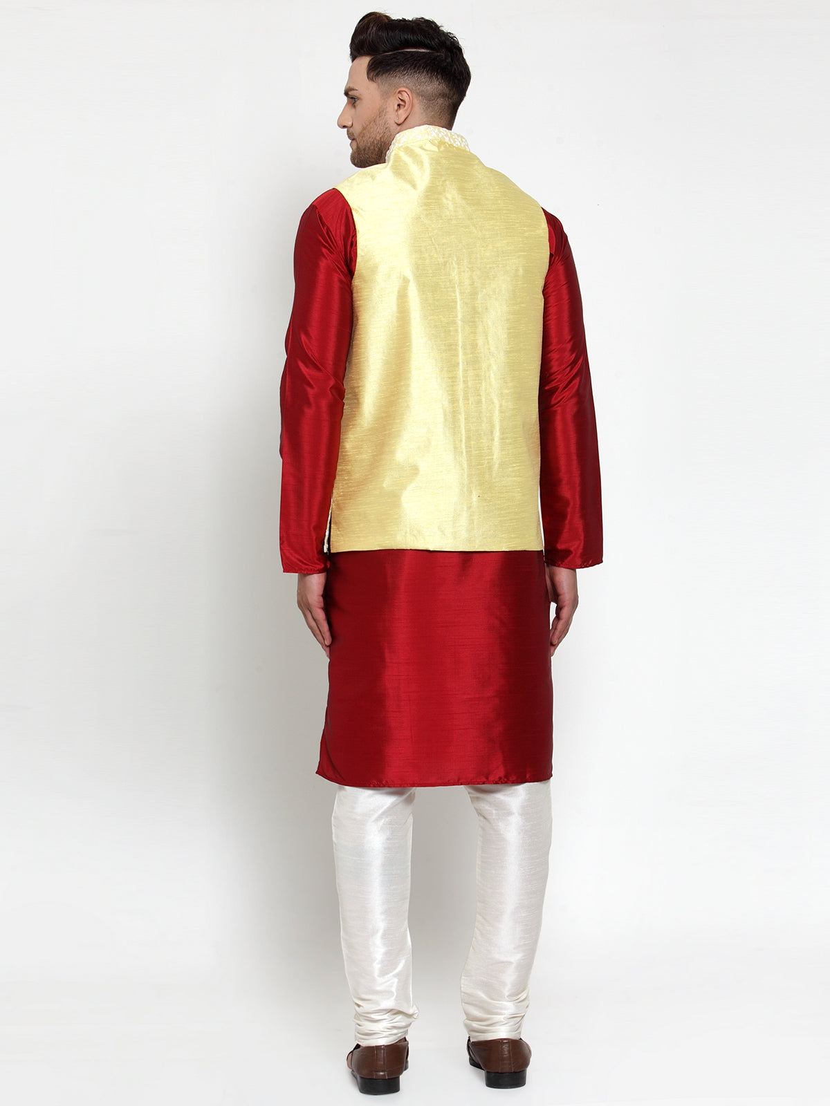 Jompers Men's Solid Dupion Kurta Pajama with Embroidered Nehru Jacket (Yellow & Maroon)