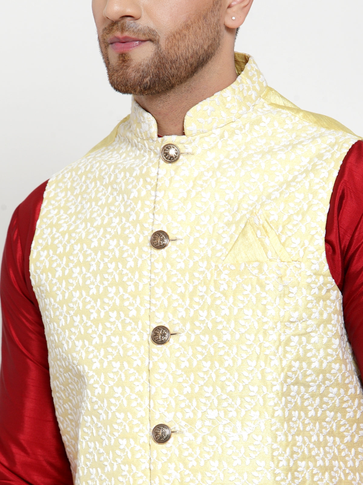 Jompers Men's Solid Dupion Kurta Pajama with Embroidered Nehru Jacket (Yellow & Maroon)