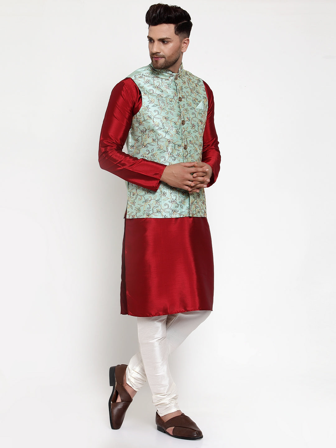 Jompers Men's Solid Dupion Kurta Pajama with Woven Nehru Jacket (Sky) (JOKPWC_M-D_4013Sky)