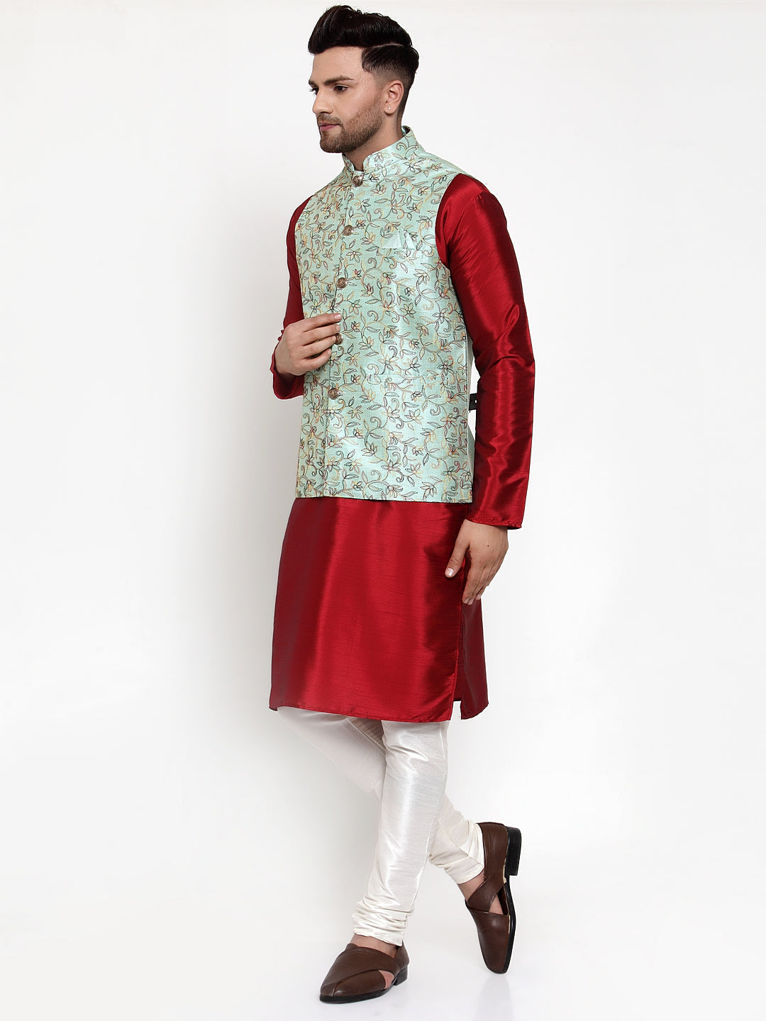 Jompers Men's Solid Dupion Kurta Pajama with Woven Nehru Jacket (Sky) (JOKPWC_M-D_4013Sky)