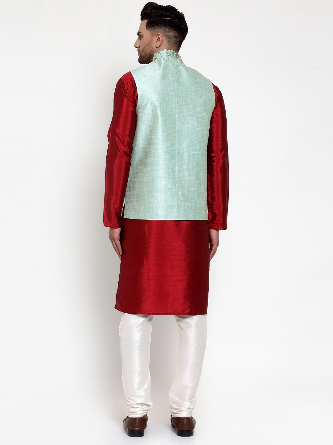 Jompers Men's Solid Dupion Kurta Pajama with Woven Nehru Jacket (Sky) (JOKPWC_M-D_4013Sky)