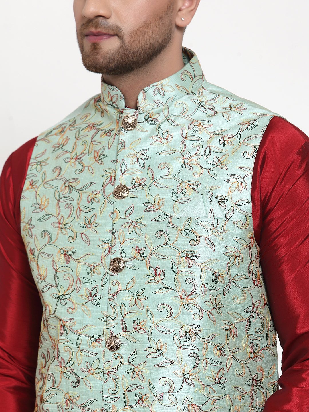 Jompers Men's Solid Dupion Kurta Pajama with Woven Nehru Jacket (Sky) (JOKPWC_M-D_4013Sky)