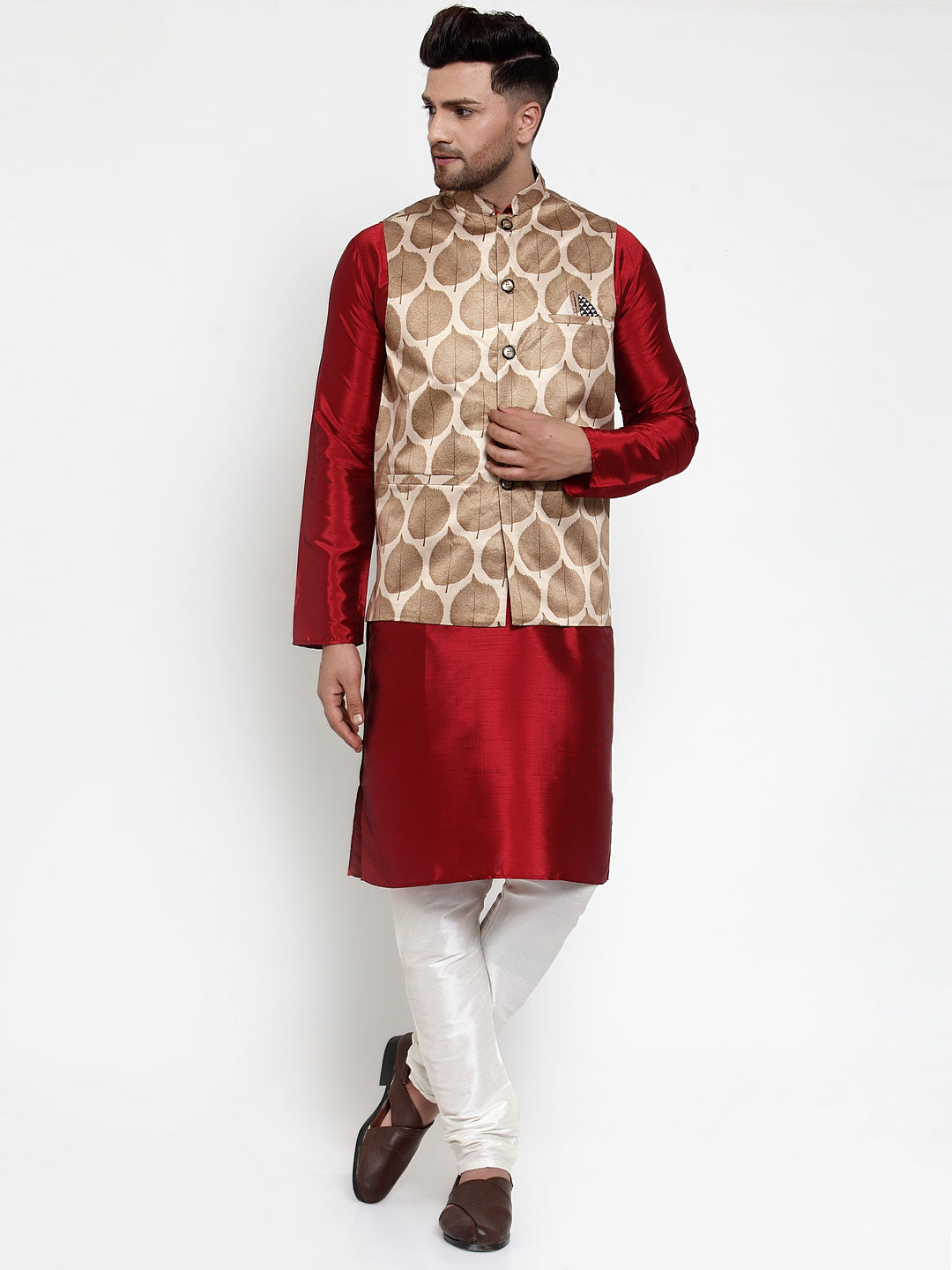 Jompers Men's Solid Dupion Kurta Pajama with Printed Nehru Jacket (Brown)