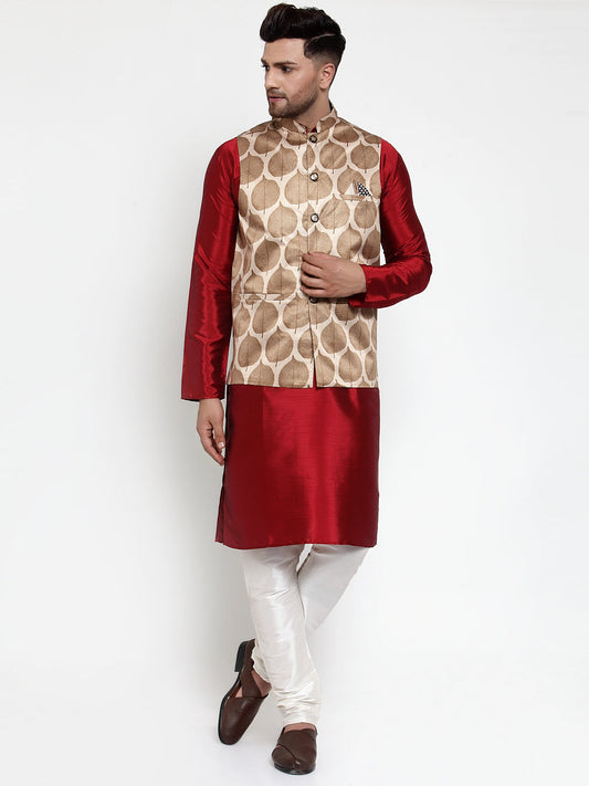 Jompers Men's Solid Dupion Kurta Pajama with Printed Nehru Jacket (Brown)