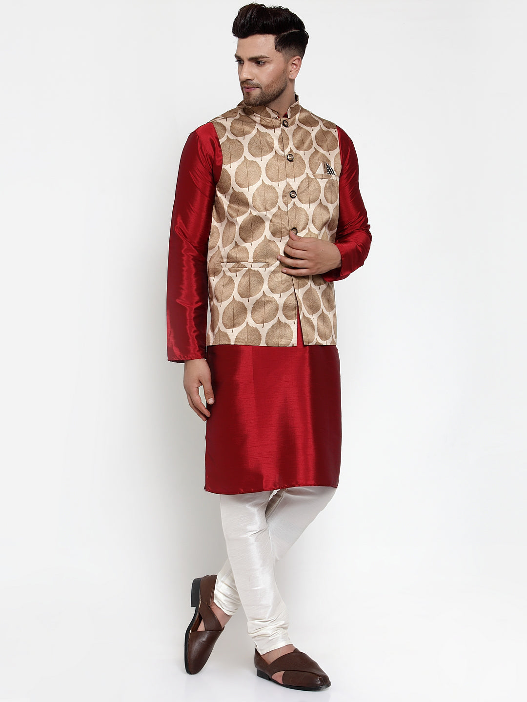 Jompers Men's Solid Dupion Kurta Pajama with Printed Nehru Jacket (Brown)
