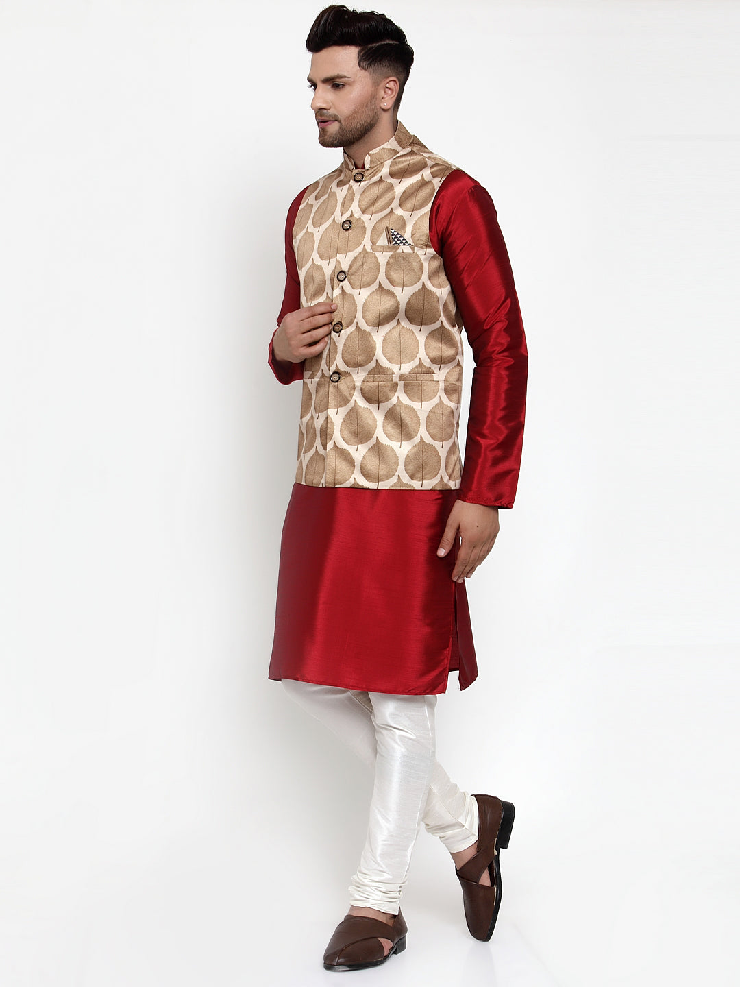 Jompers Men's Solid Dupion Kurta Pajama with Printed Nehru Jacket (Brown)