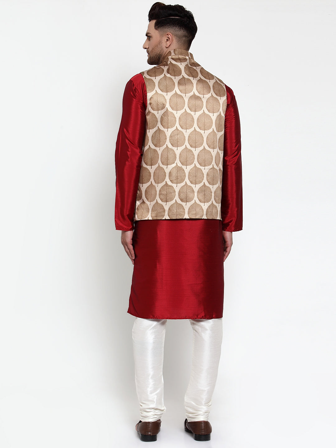 Jompers Men's Solid Dupion Kurta Pajama with Printed Nehru Jacket (Brown)