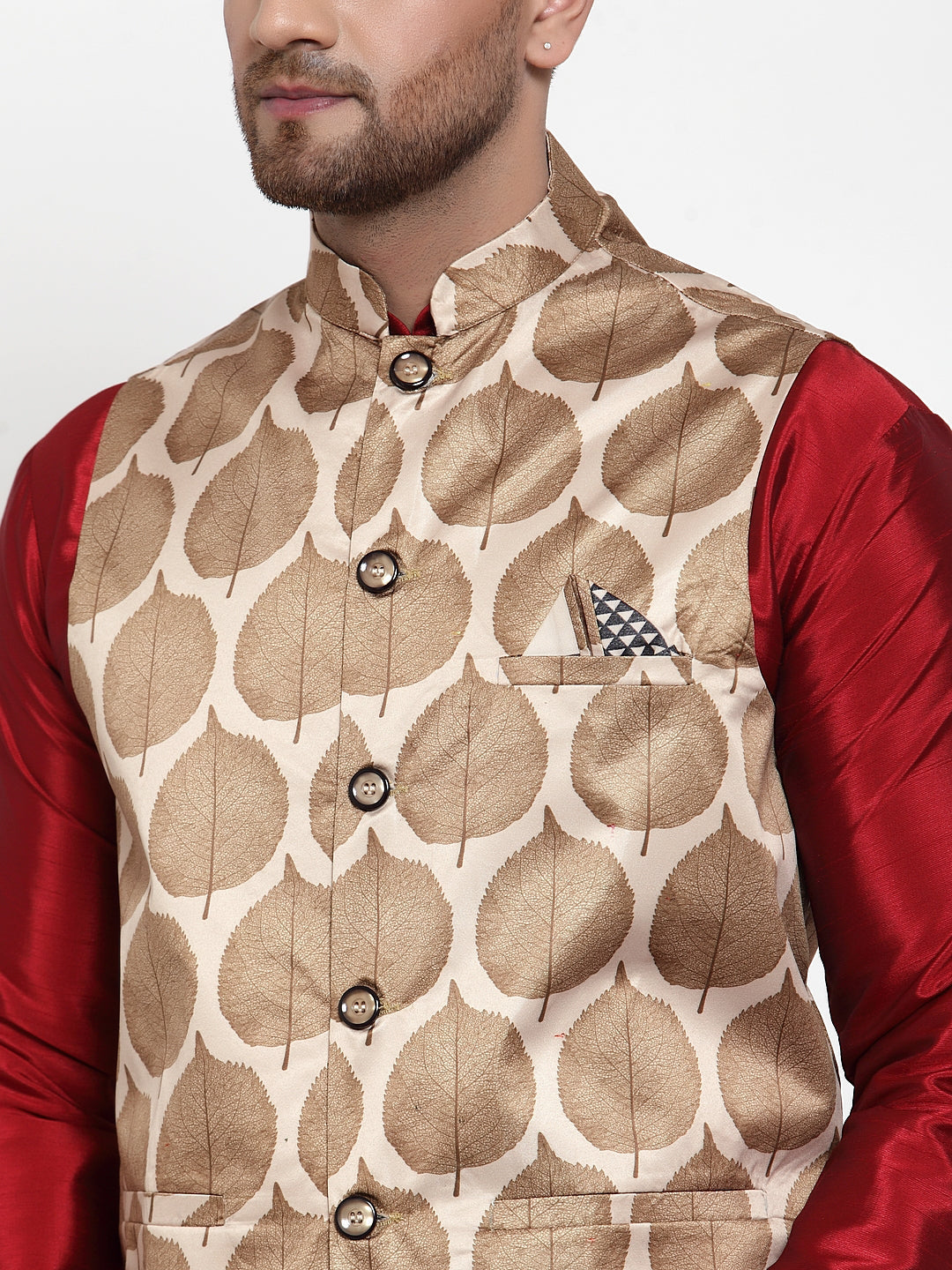 Jompers Men's Solid Dupion Kurta Pajama with Printed Nehru Jacket (Brown)