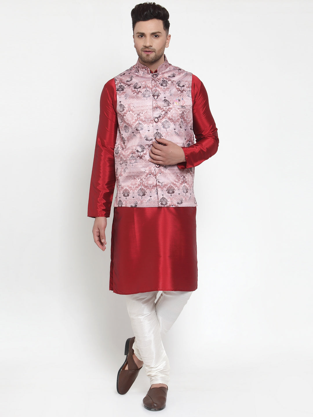 Jompers Men's Solid Dupion Kurta Pajama with Printed Nehru Jacket (Pink)