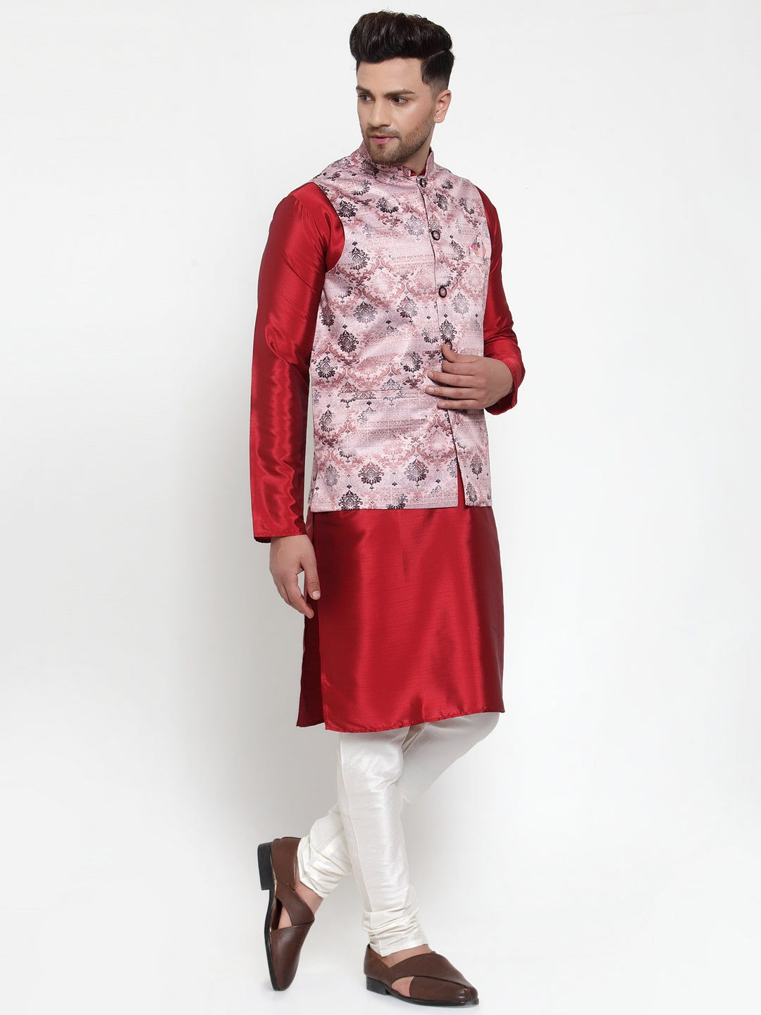Jompers Men's Solid Dupion Kurta Pajama with Printed Nehru Jacket (Pink)