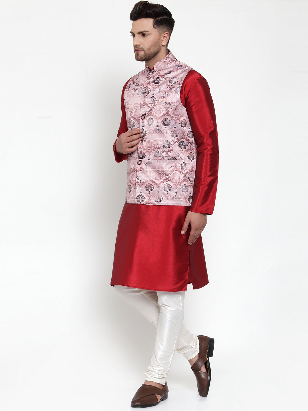 Jompers Men's Solid Dupion Kurta Pajama with Printed Nehru Jacket (Pink)