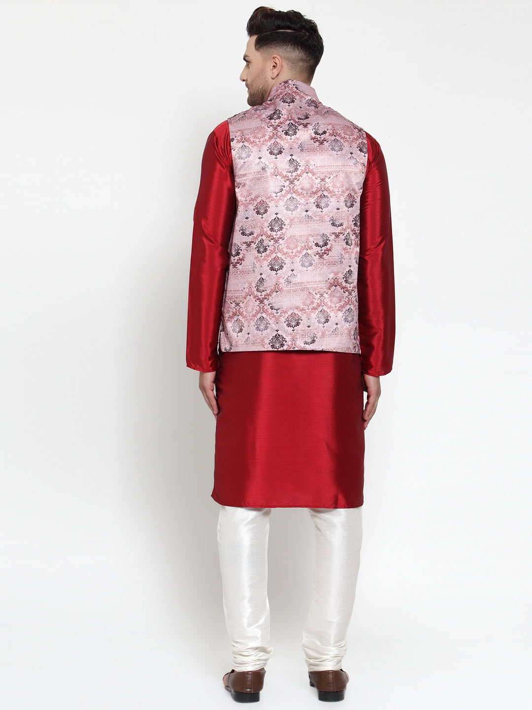 Jompers Men's Solid Dupion Kurta Pajama with Printed Nehru Jacket (Pink)
