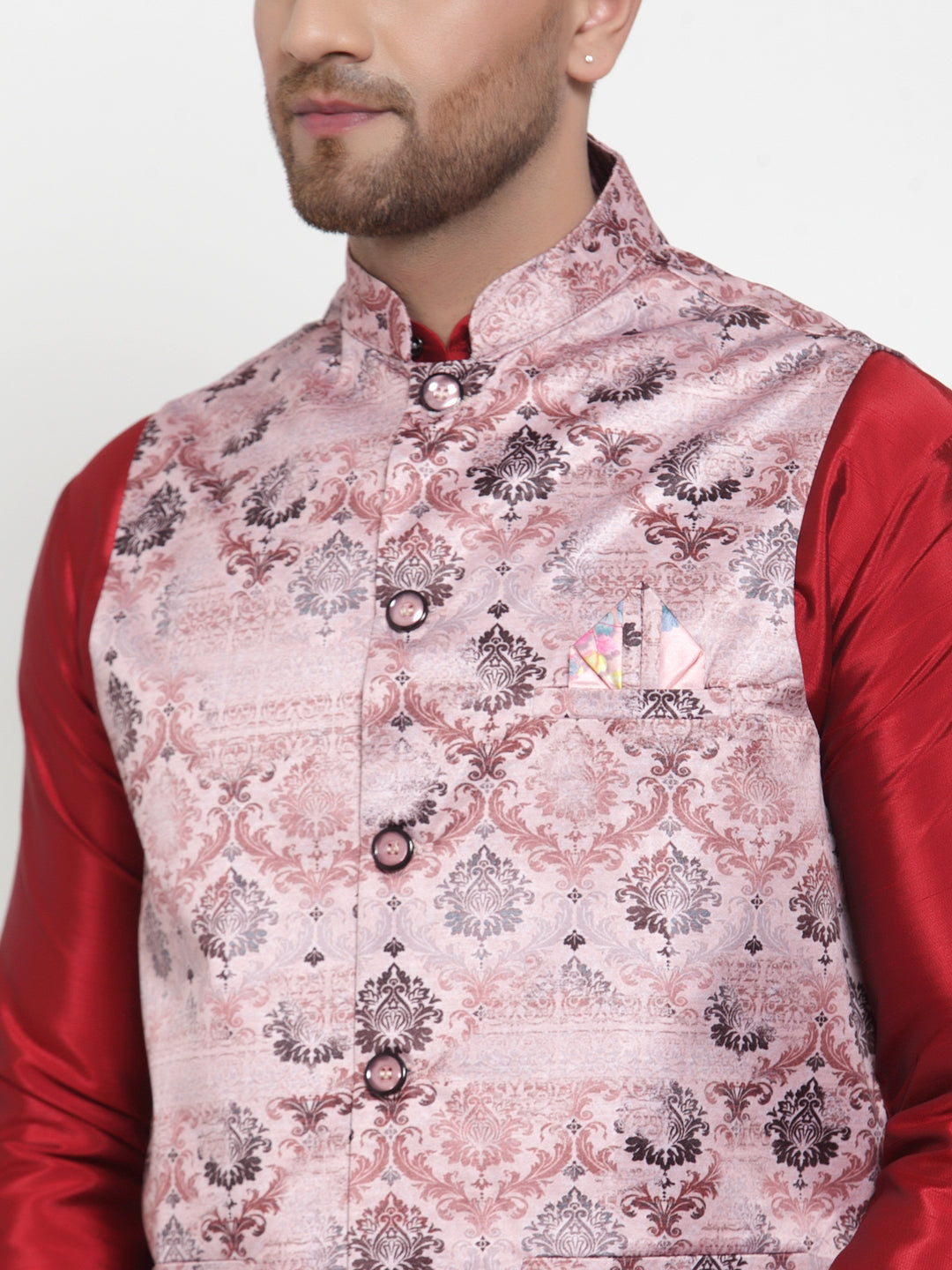 Jompers Men's Solid Dupion Kurta Pajama with Printed Nehru Jacket (Pink)