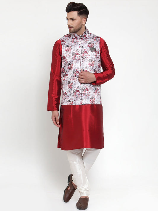 Jompers Men's Solid Dupion Kurta Pajama with Printed Nehru Silver Jacket