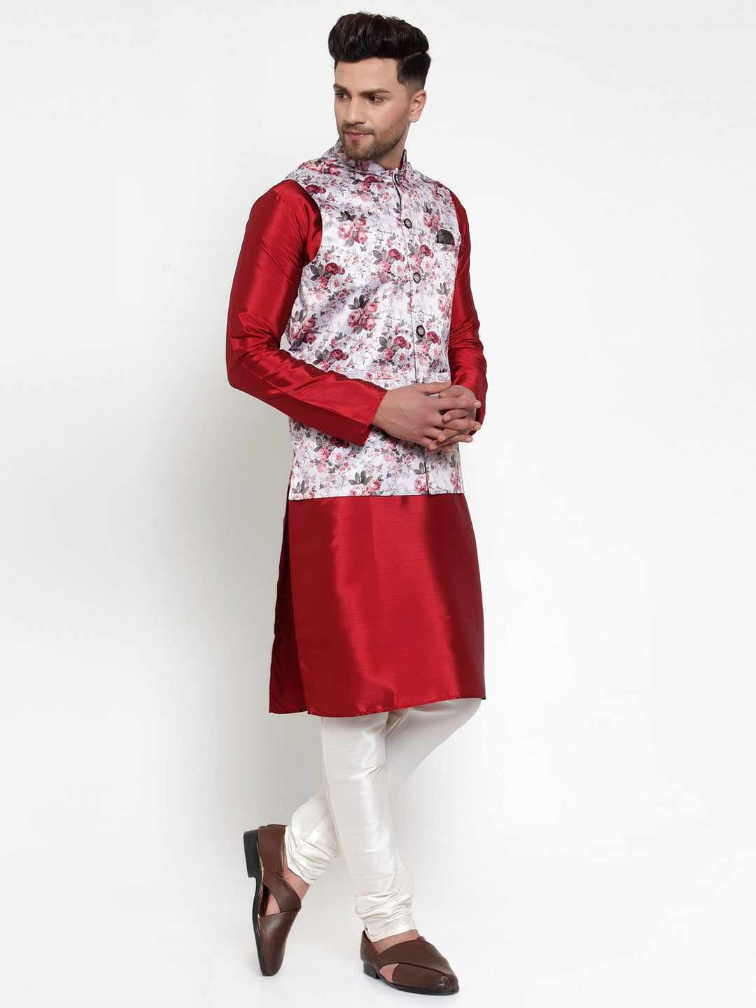 Jompers Men's Solid Dupion Kurta Pajama with Printed Nehru Silver Jacket