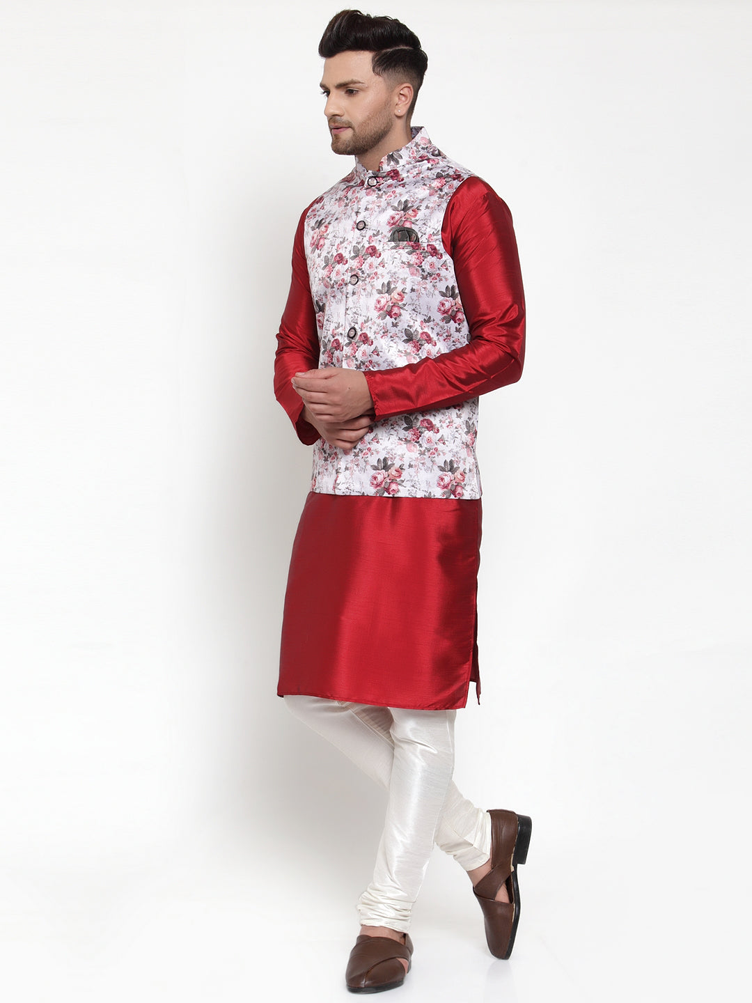 Jompers Men's Solid Dupion Kurta Pajama with Printed Nehru Silver Jacket