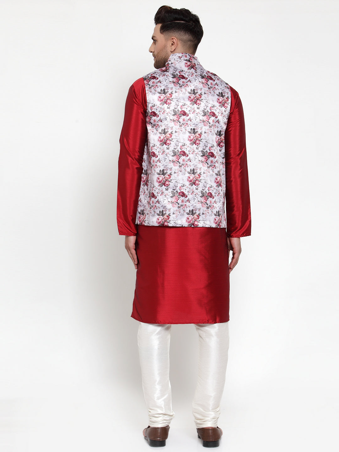 Jompers Men's Solid Dupion Kurta Pajama with Printed Nehru Silver Jacket