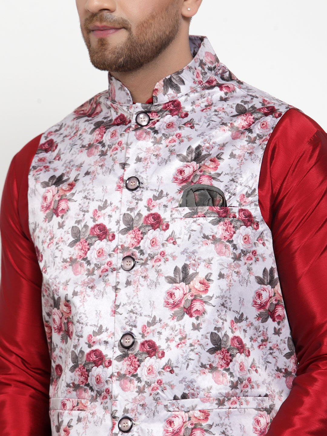 Jompers Men's Solid Dupion Kurta Pajama with Printed Nehru Silver Jacket
