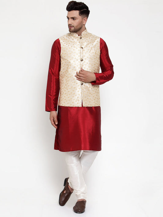 Jompers Men Solid Dupion Kurta Pajama with Embroidered Nehru Jacket in Cream