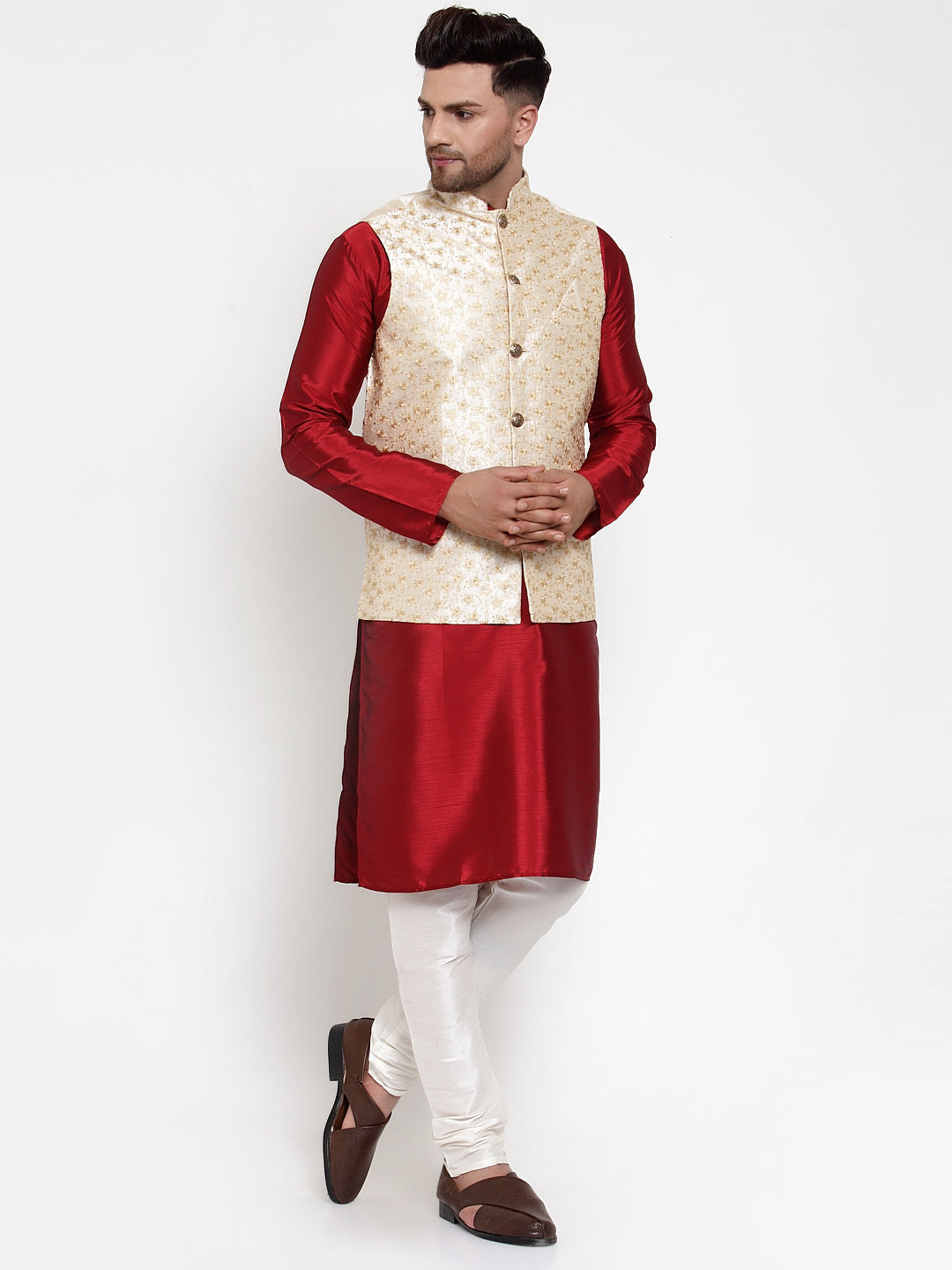 Jompers Men Solid Dupion Kurta Pajama with Embroidered Nehru Jacket in Cream