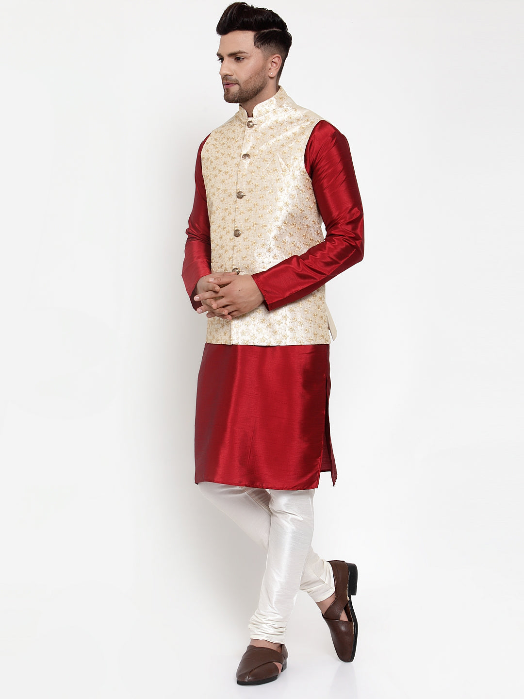 Jompers Men Solid Dupion Kurta Pajama with Embroidered Nehru Jacket in Cream