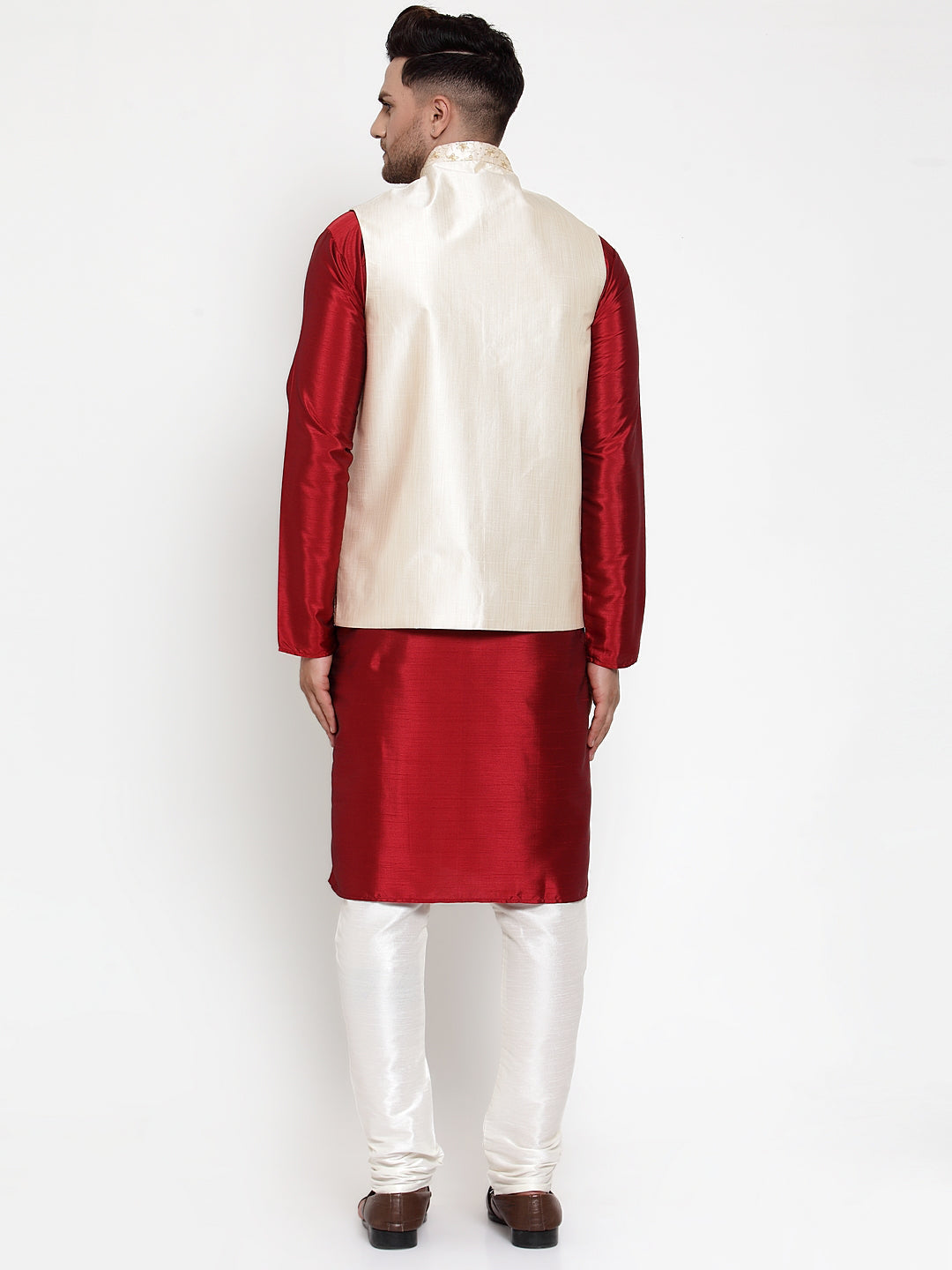 Jompers Men Solid Dupion Kurta Pajama with Embroidered Nehru Jacket in Cream