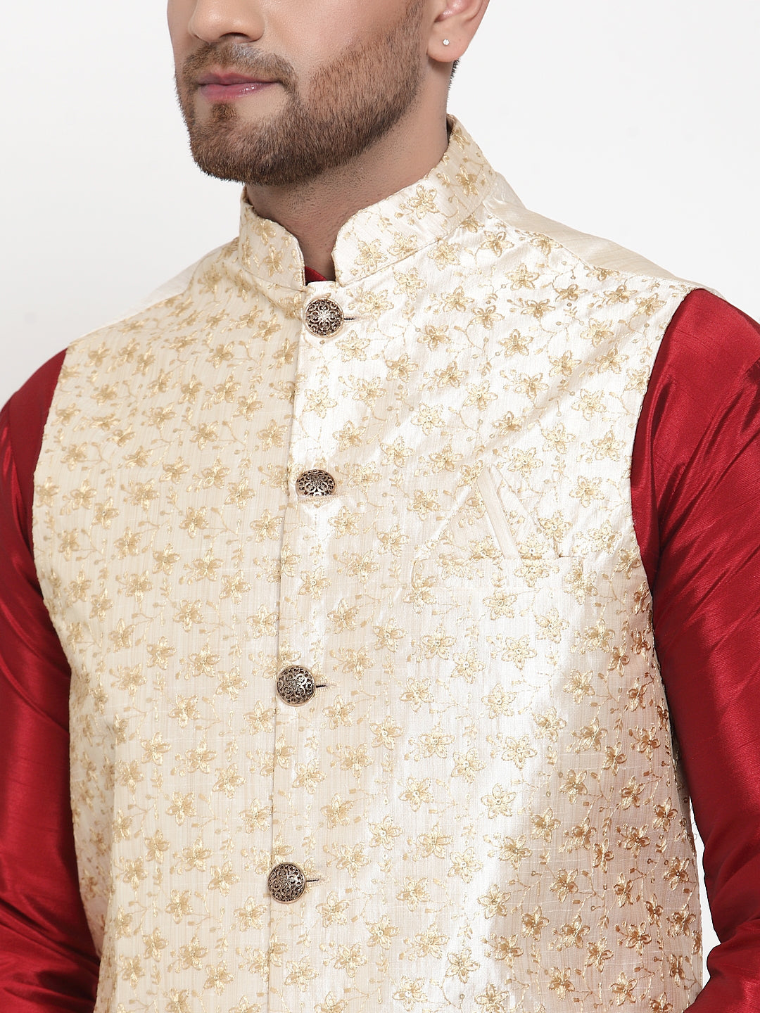 Jompers Men Solid Dupion Kurta Pajama with Embroidered Nehru Jacket in Cream