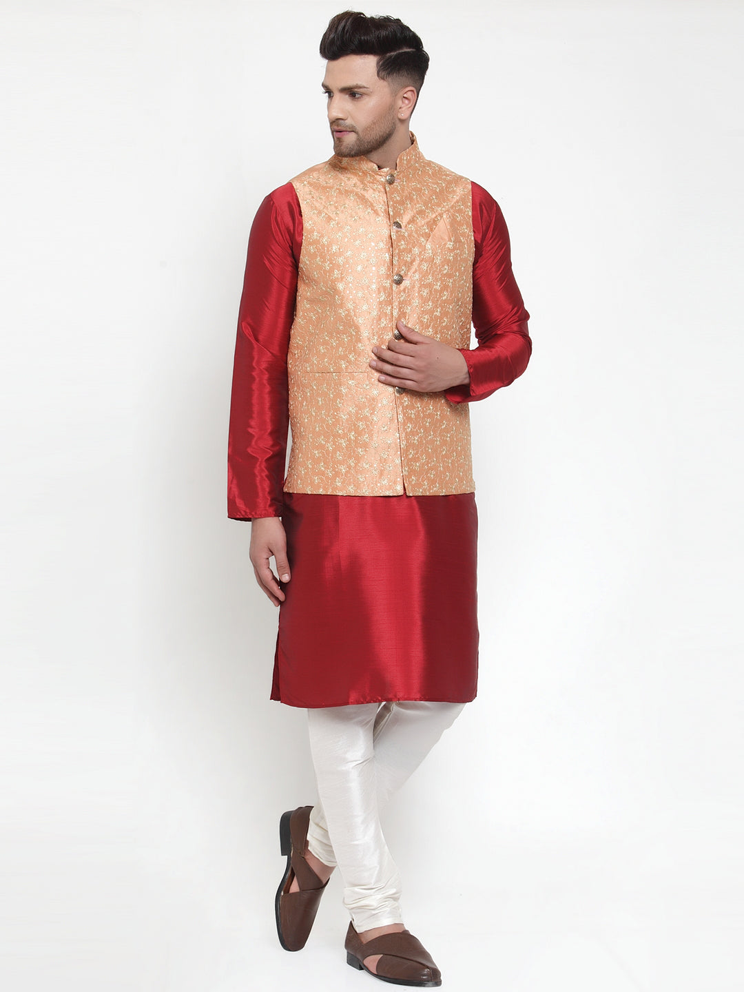 Jompers Men's Solid Dupion Kurta Pajama with Embroidered Nehru Jacket (Peach)