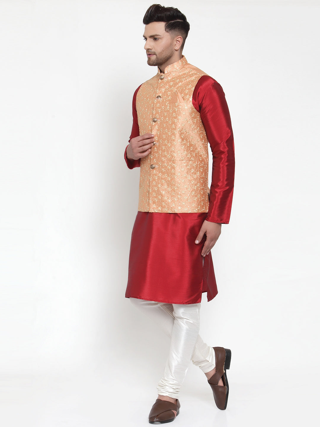 Jompers Men's Solid Dupion Kurta Pajama with Embroidered Nehru Jacket (Peach)