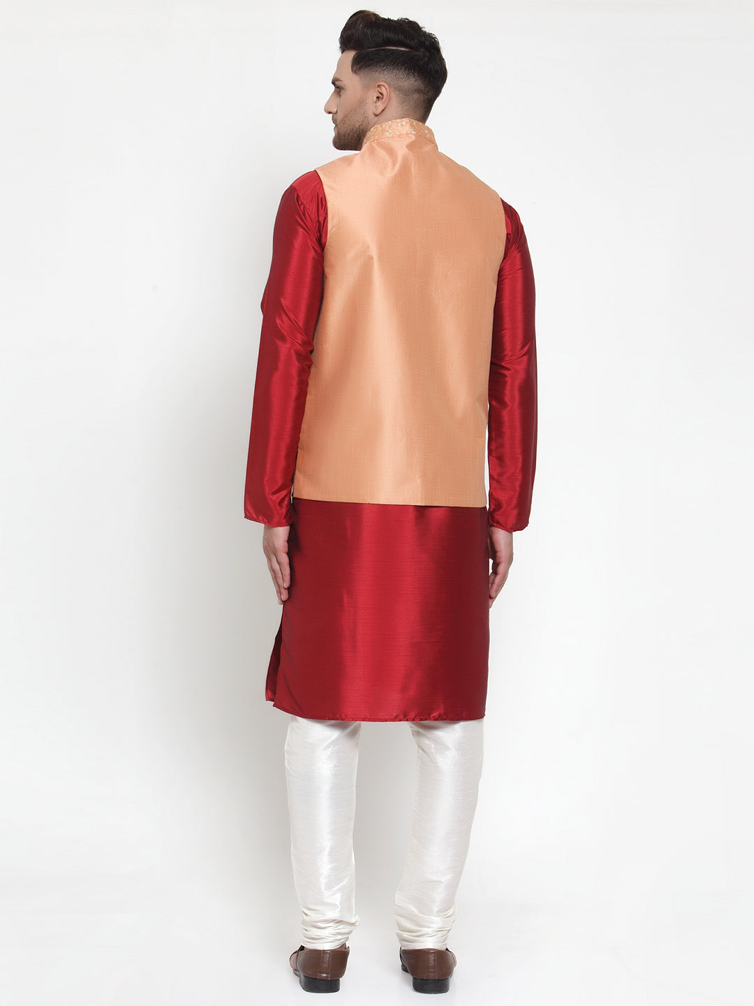 Jompers Men's Solid Dupion Kurta Pajama with Embroidered Nehru Jacket (Peach)