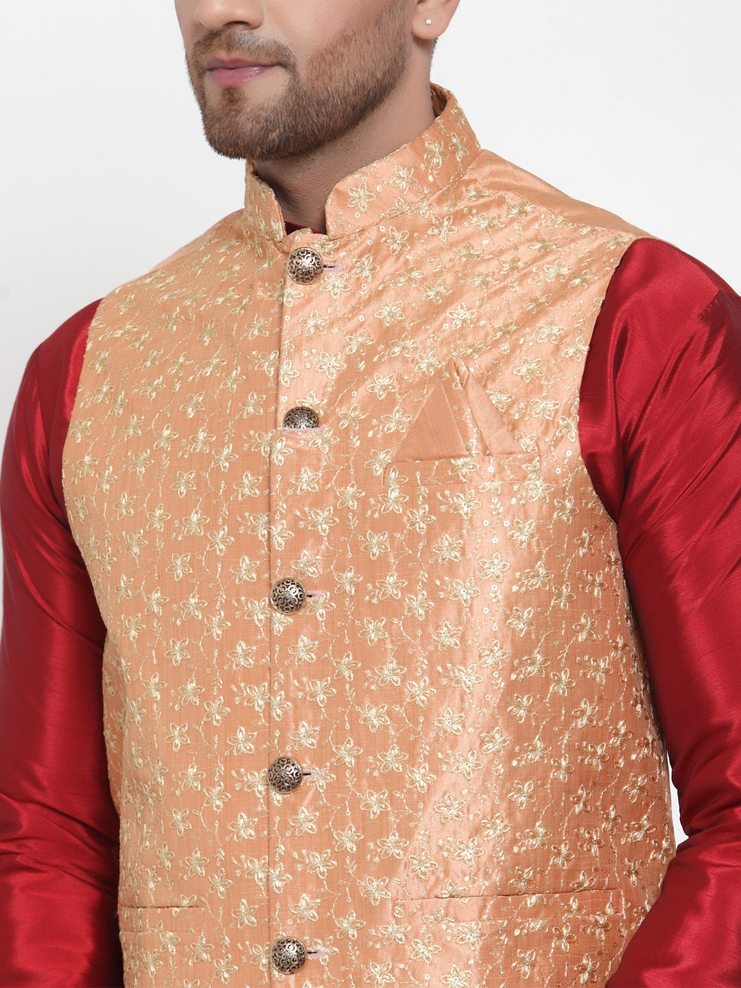 Jompers Men's Solid Dupion Kurta Pajama with Embroidered Nehru Jacket (Peach)