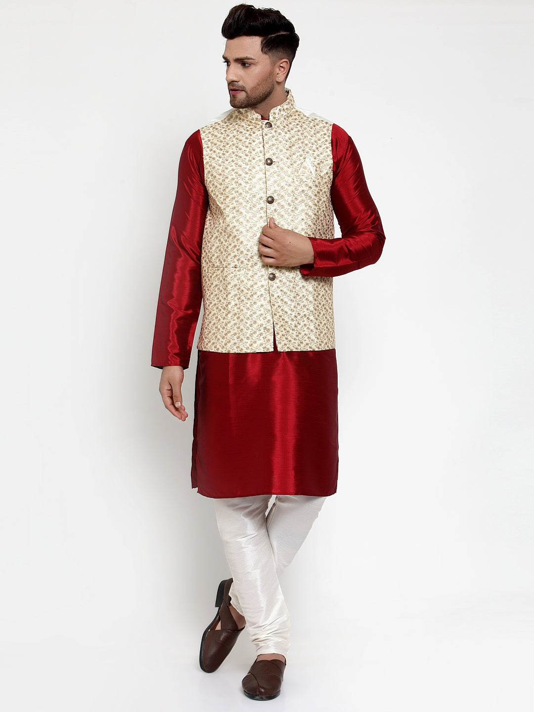 Jompers Men's Solid Dupion Kurta Pajama with Embroidered Cream Nehru Jacket
