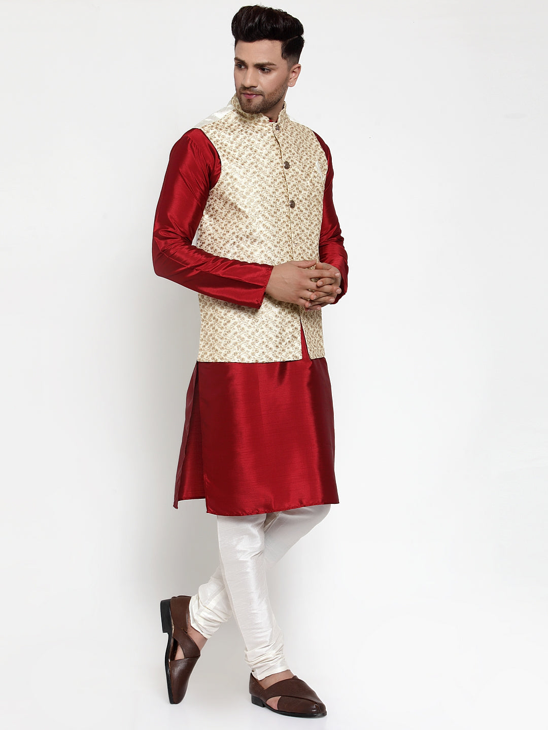 Jompers Men's Solid Dupion Kurta Pajama with Embroidered Cream Nehru Jacket
