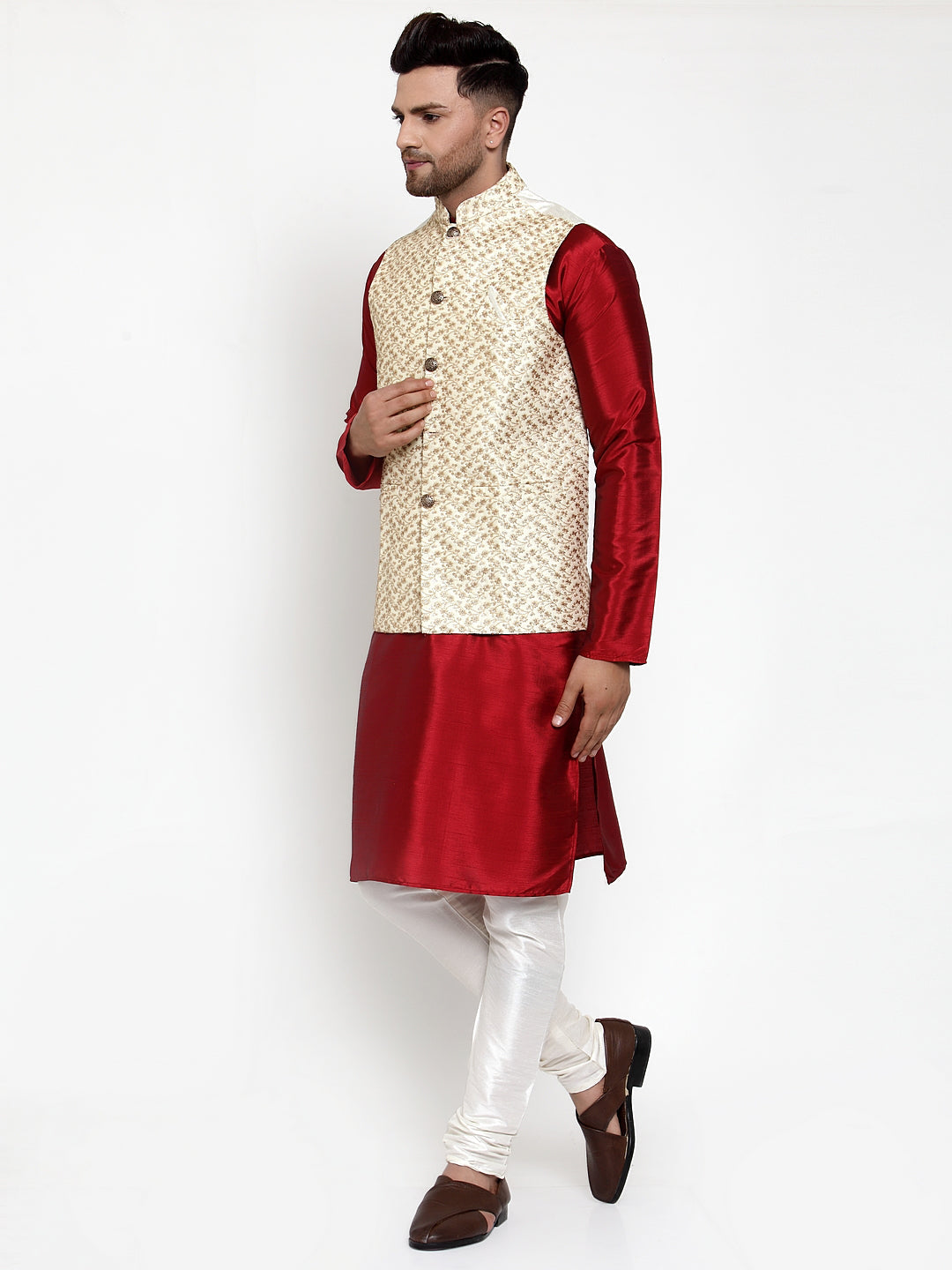 Jompers Men's Solid Dupion Kurta Pajama with Embroidered Cream Nehru Jacket