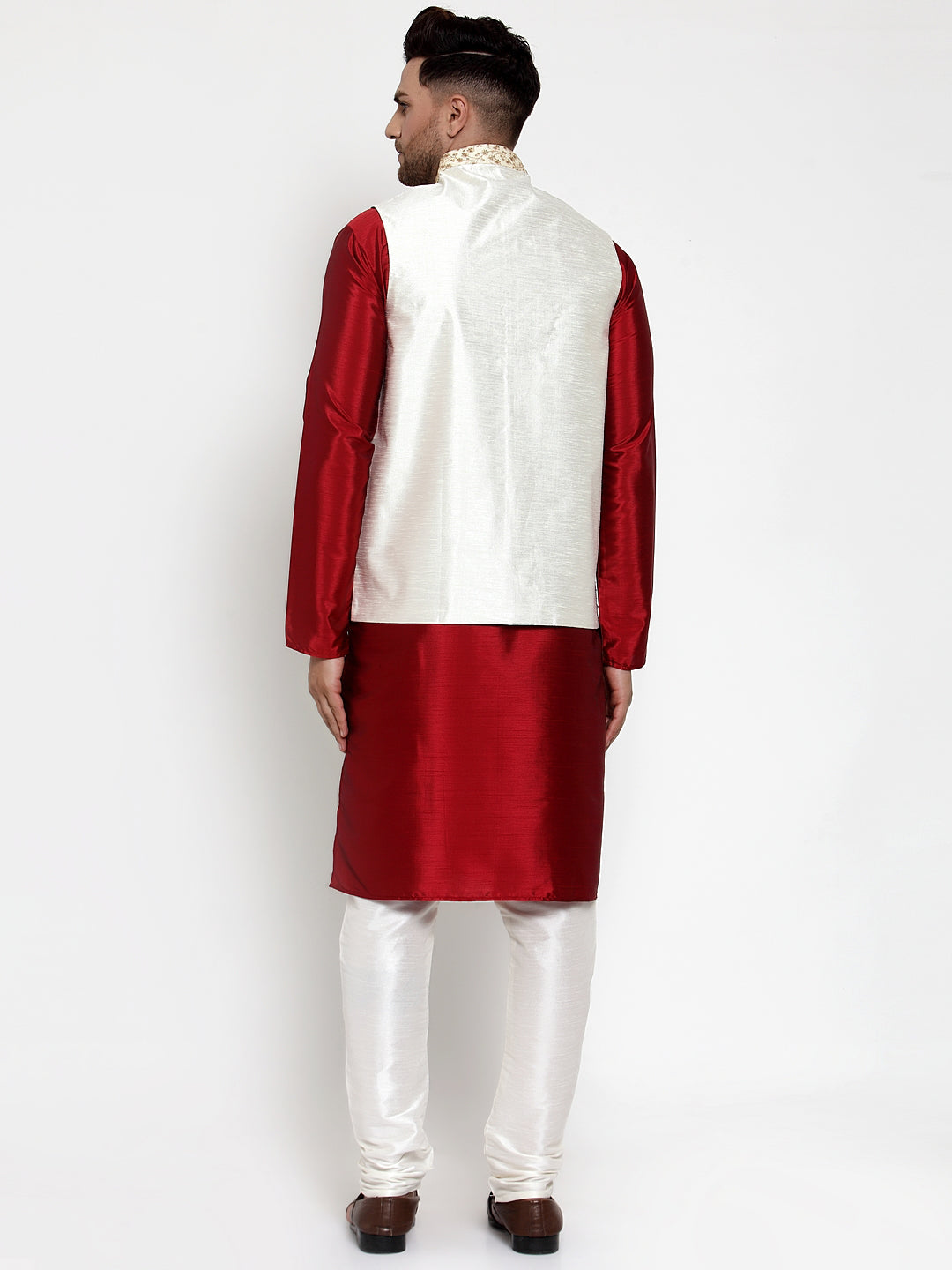 Jompers Men's Solid Dupion Kurta Pajama with Embroidered Cream Nehru Jacket