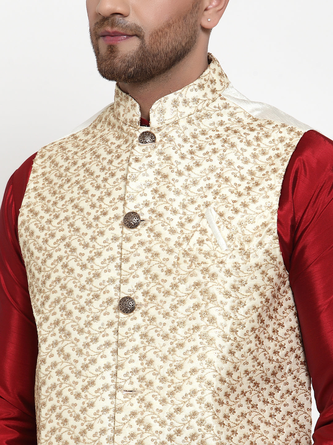 Jompers Men's Solid Dupion Kurta Pajama with Embroidered Cream Nehru Jacket